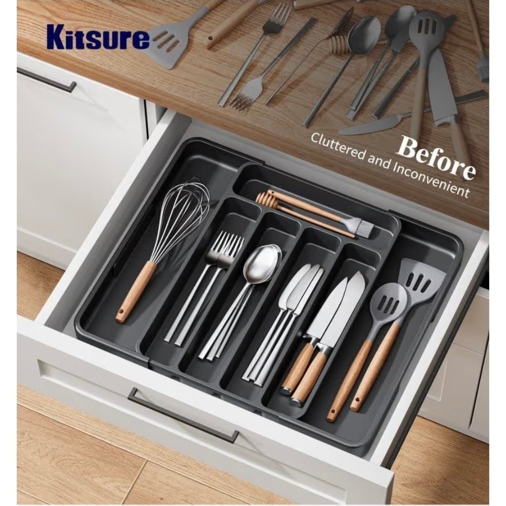 Set of 2 Kitsure Adjustable Utensil Organizer Kitchen Drawer Storage Tray Black‎